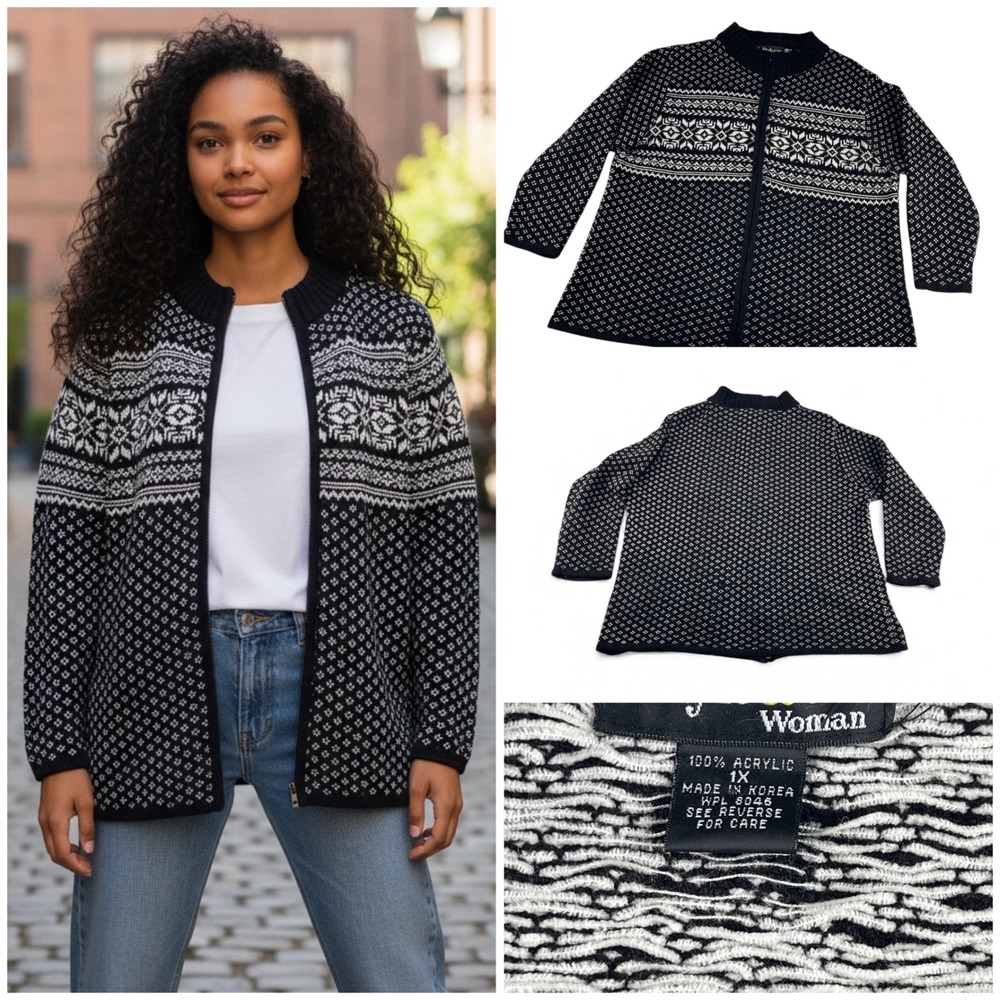 Style & Co‎ Woman Fair Isle Knit Zip Up Cardigan Sweater Black White 1X